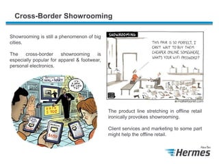 Cross-Border Showrooming
Showrooming is still a phenomenon of big
cities.
The
cross-border
showrooming
is
especially popular for apparel & footwear,
personal electronics.

The product line stretching in offline retail
ironically provokes showrooming.

Client services and marketing to some part
might help the offline retail.

 