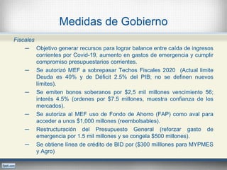 Medidas de Gobierno
Fiscales
─ Objetivo generar recursos para lograr balance entre caída de ingresos
corrientes por Covid-19, aumento en gastos de emergencia y cumplir
compromiso presupuestarios corrientes.
─ Se autorizó MEF a sobrepasar Techos Fiscales 2020 (Actual limite
Deuda es 40% y de Déficit 2.5% del PIB; no se definen nuevos
límites).
─ Se emiten bonos soberanos por $2,5 mil millones vencimiento 56;
interés 4.5% (ordenes por $7.5 millones, muestra confianza de los
mercados).
─ Se autoriza al MEF uso de Fondo de Ahorro (FAP) como aval para
acceder a unos $1,000 millones (reembolsables).
─ Restructuración del Presupuesto General (reforzar gasto de
emergencia por 1.5 mil millones y se congela $500 millones).
─ Se obtiene línea de crédito de BID por ($300 miIllones para MYPMES
y Agro)
 