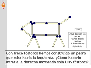 AYUDA¿Qué mueven los perros cuando desean cambiar la dirección de su mirada?Con trece fósforos hemos construido un perroque mira hacia la izquierda. ¿Cómo hacerlomirar a la derecha moviendo solo DOS fósforos?