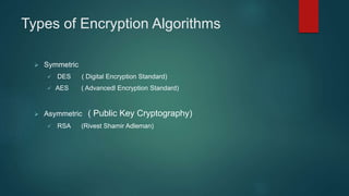 Types of Encryption Algorithms
 Symmetric
 DES ( Digital Encryption Standard)
 AES ( Advancedl Encryption Standard)
 Asymmetric ( Public Key Cryptography)
 RSA (Rivest Shamir Adleman)
 
