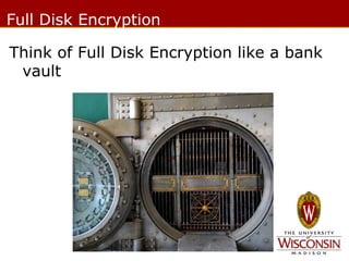 Full Disk Encryption
Think of Full Disk Encryption like a bank
vault

 