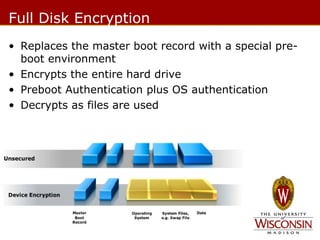 Full Disk Encryption
• Replaces the master boot record with a special preboot environment
• Encrypts the entire hard drive
• Preboot Authentication plus OS authentication
• Decrypts as files are used

 