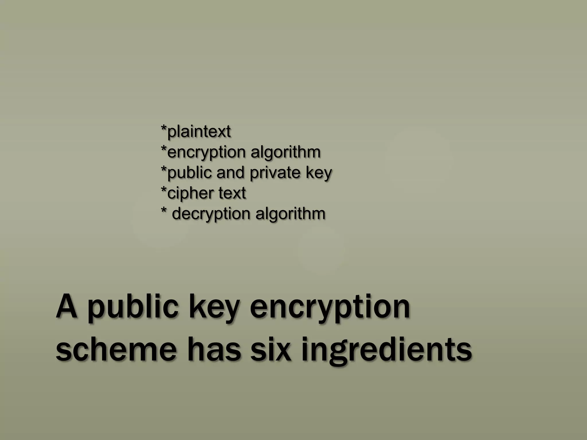 *plaintext
*encryption algorithm
*public and private key
*cipher text
* decryption algorithm

A public key encryption
scheme has six ingredients

 