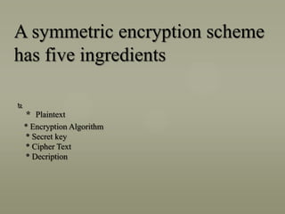 A symmetric encryption scheme
has five ingredients


* Plaintext
* Encryption Algorithm
* Secret key
* Cipher Text
* Decription

 