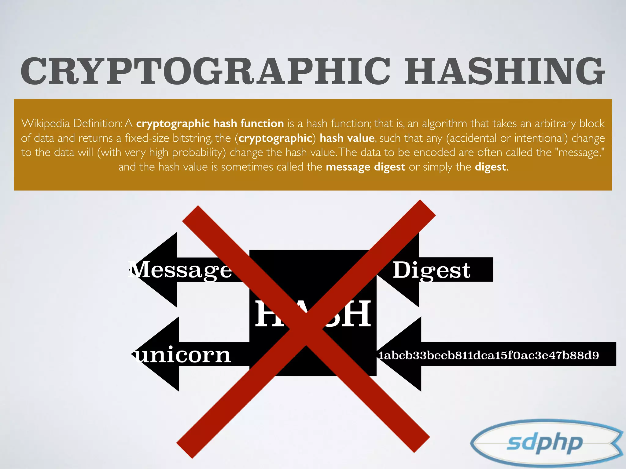 CRYPTOGRAPHIC HASHING
Wikipedia Deﬁnition:A cryptographic hash function is a hash function; that is, an algorithm that takes an arbitrary block
of data and returns a ﬁxed-size bitstring, the (cryptographic) hash value, such that any (accidental or intentional) change
to the data will (with very high probability) change the hash value.The data to be encoded are often called the "message,"
and the hash value is sometimes called the message digest or simply the digest.
HASH
DigestMessage
1abcb33beeb811dca15f0ac3e47b88d9unicorn
 