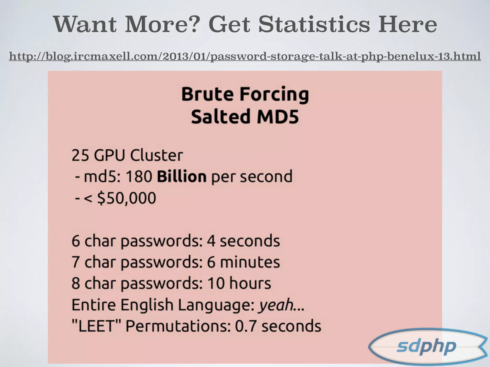 Want More? Get Statistics Here
http://blog.ircmaxell.com/2013/01/password-storage-talk-at-php-benelux-13.html
 