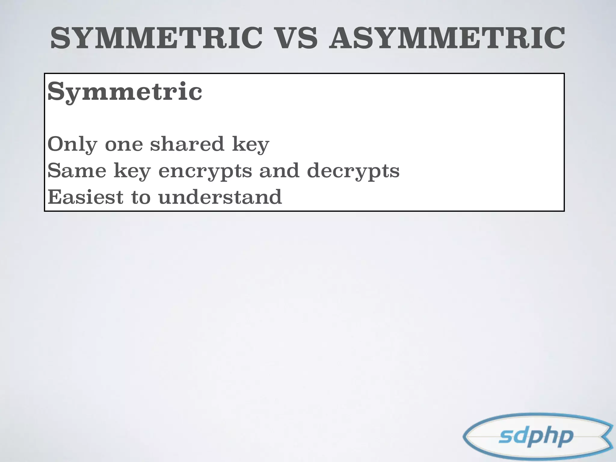 SYMMETRIC VS ASYMMETRIC
Symmetric
Only one shared key
Same key encrypts and decrypts
Easiest to understand
 