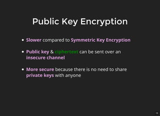 19
Public Key EncryptionPublic Key Encryption
Slower compared to Symmetric Key Encryption
Public key & ciphertext can be sent over an
insecure channel
More secure because there is no need to share
private keys with anyone
 