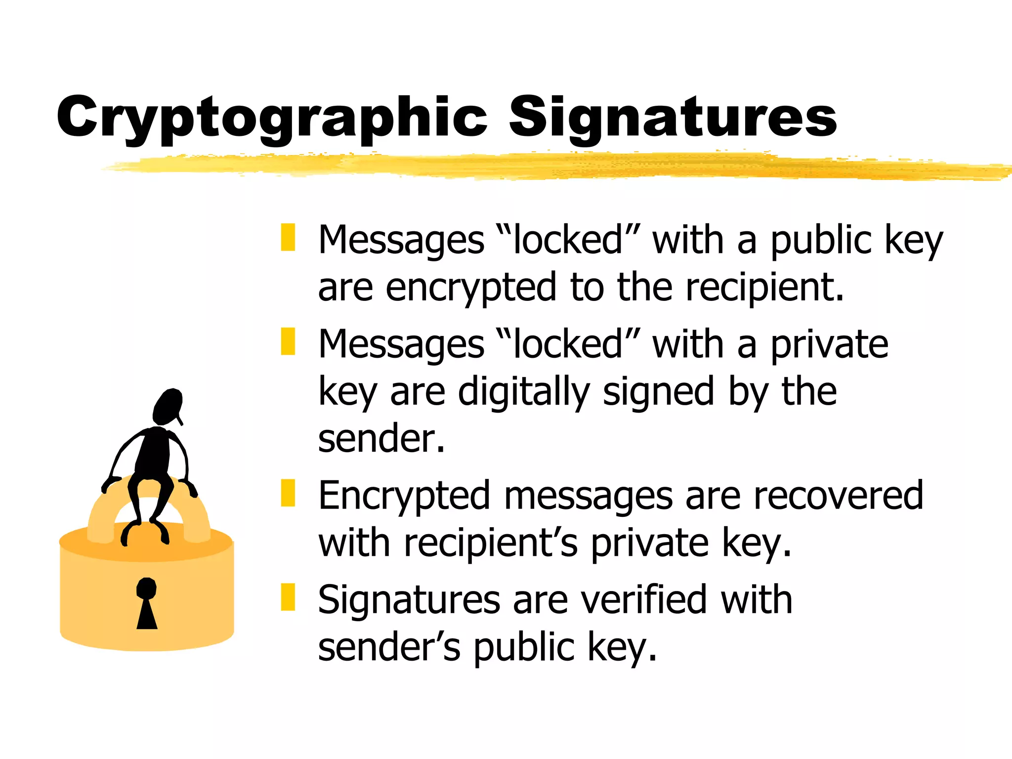Cryptographic Signatures Messages “locked” with a public key are encrypted to the recipient. Messages “locked” with a private key are digitally signed by the sender. Encrypted messages are recovered with recipient’s private key. Signatures are verified with sender’s public key. 