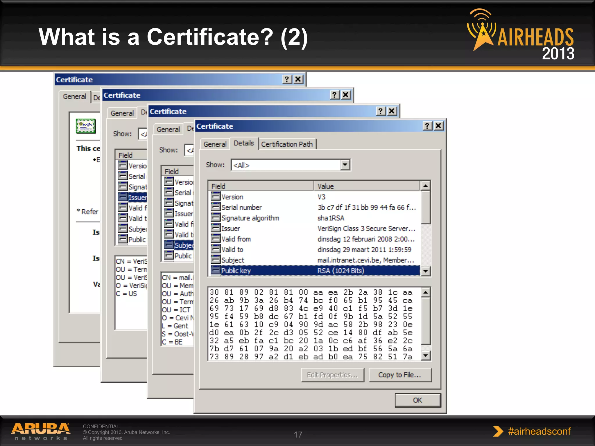 CONFIDENTIAL
© Copyright 2013. Aruba Networks, Inc.
All rights reserved 17 #airheadsconf
What is a Certificate? (2)
 