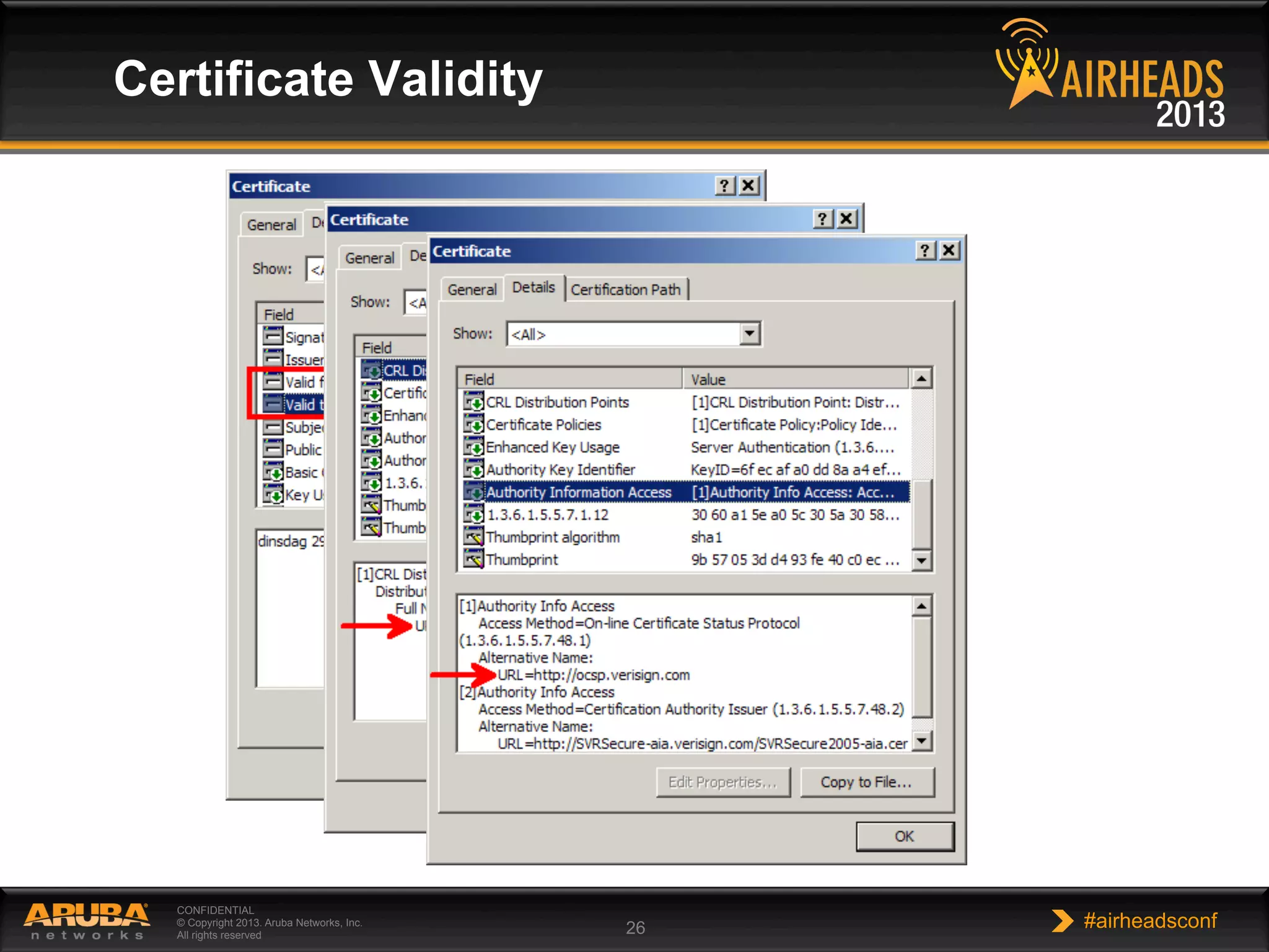 CONFIDENTIAL
© Copyright 2013. Aruba Networks, Inc.
All rights reserved 26 #airheadsconf
Certificate Validity
 