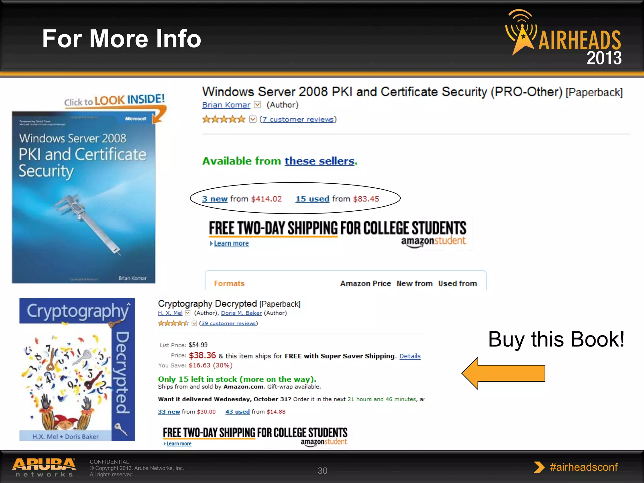 CONFIDENTIAL
© Copyright 2013. Aruba Networks, Inc.
All rights reserved 30 #airheadsconf
For More Info
Buy this Book!
 