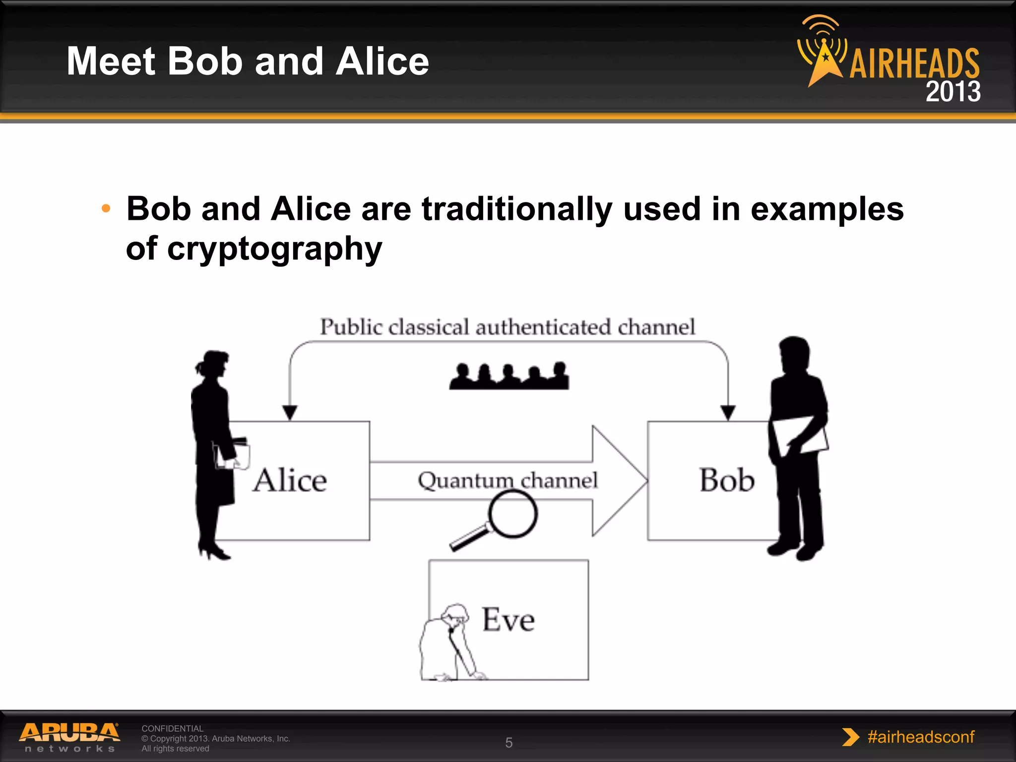 CONFIDENTIAL
© Copyright 2013. Aruba Networks, Inc.
All rights reserved 5 #airheadsconf
•  Bob and Alice are traditionally used in examples
of cryptography
Meet Bob and Alice
 