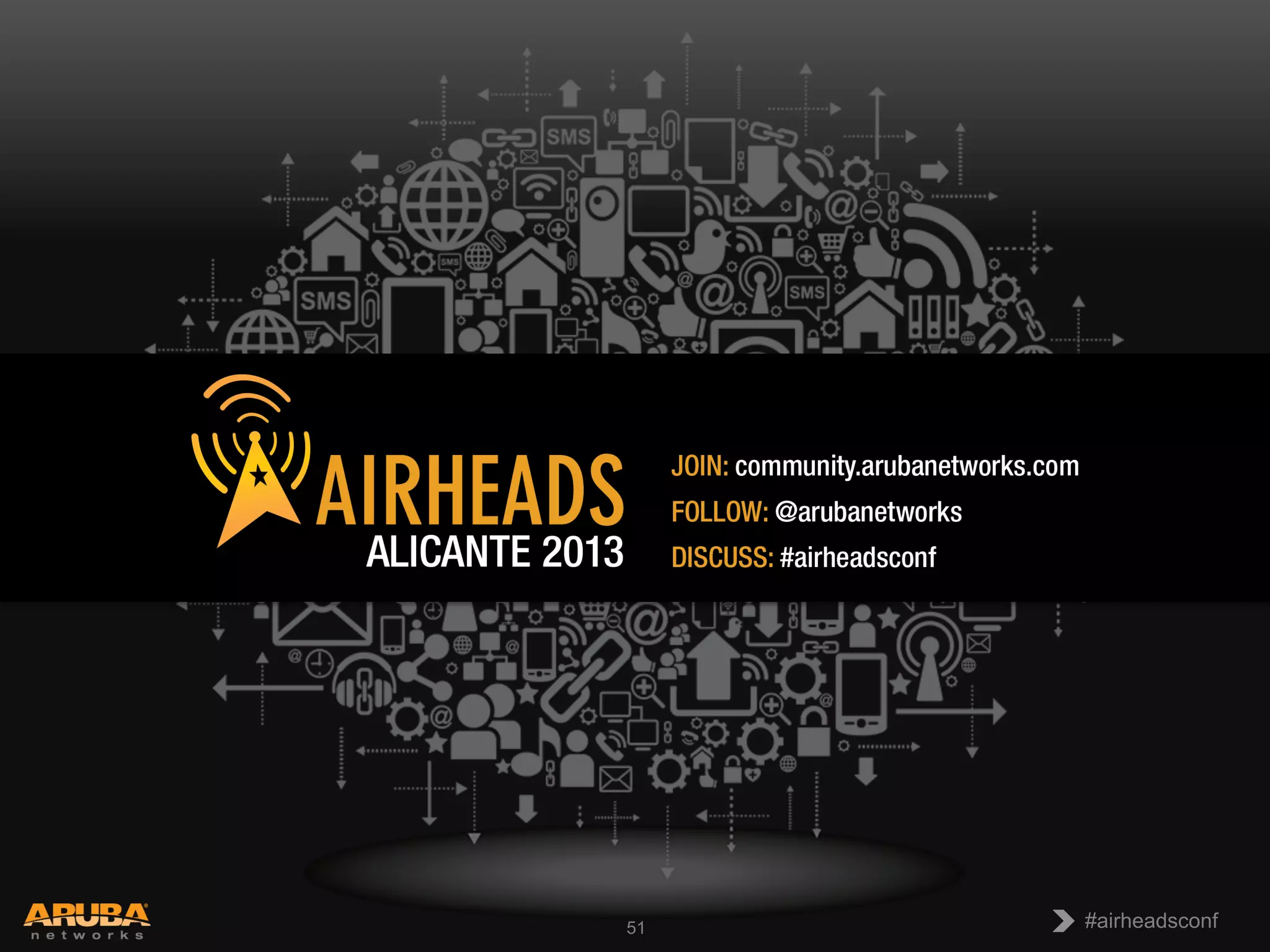 CONFIDENTIAL
© Copyright 2013. Aruba Networks, Inc.
All rights reserved 51 #airheadsconf#airheadsconf51
 
