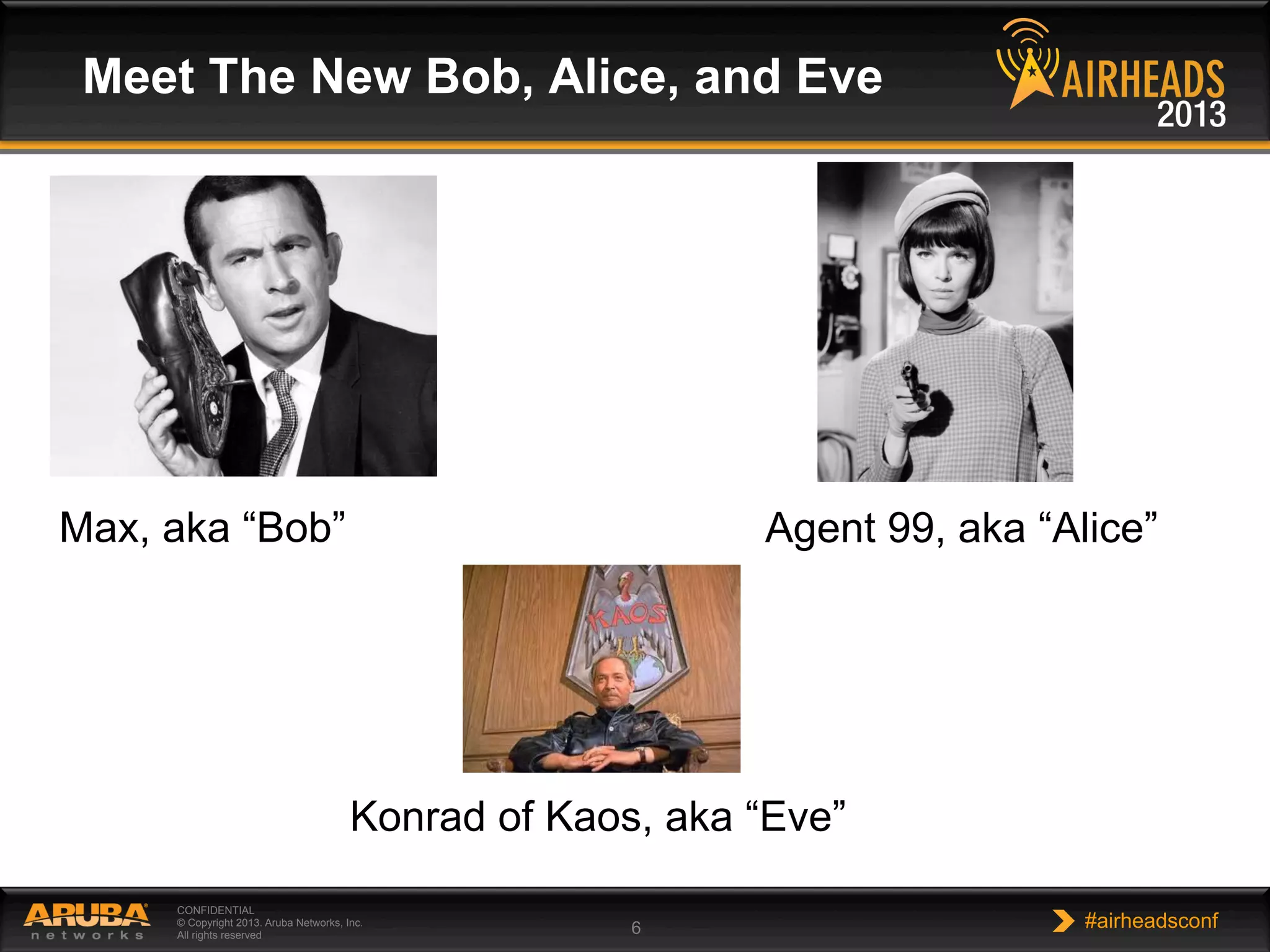 CONFIDENTIAL
© Copyright 2013. Aruba Networks, Inc.
All rights reserved 6 #airheadsconf
Meet The New Bob, Alice, and Eve
Max, aka “Bob” Agent 99, aka “Alice”
Konrad of Kaos, aka “Eve”
 