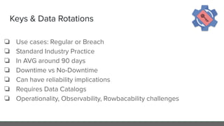 Keys & Data Rotations
❏ Use cases: Regular or Breach
❏ Standard Industry Practice
❏ In AVG around 90 days
❏ Downtime vs No-Downtime
❏ Can have reliability implications
❏ Requires Data Catalogs
❏ Operationality, Observability, Rowbacability challenges
 
