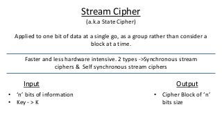 Applied to one bit of data at a single go, as a group rather than consider a
block at a time.
Stream Cipher
(a.k.a State Cipher)
Faster and less hardware intensive. 2 types ->Synchronous stream
ciphers & Self synchronous stream ciphers
Input Output
• ‘n’ bits of information
• Key - > K
• Cipher Block of ‘n’
bits size
 
