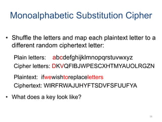 Monoalphabetic Substitution Cipher
• Shuffle the letters and map each plaintext letter to a
different random ciphertext letter:
Plain letters: abcdefghijklmnopqrstuvwxyz
Cipher letters: DKVQFIBJWPESCXHTMYAUOLRGZN
Plaintext: ifwewishtoreplaceletters
Ciphertext: WIRFRWAJUHYFTSDVFSFUUFYA
• What does a key look like?
16
 