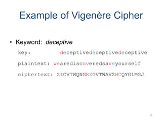 Example of Vigenère Cipher
• Keyword: deceptive
key: deceptivedeceptivedeceptive
plaintext: wearediscoveredsaveyourself
ciphertext: ZICVTWQNGRZGVTWAVZHCQYGLMGJ
27
 