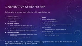 1. GENERATION OF RSA KEY PAIR
• The process is as follows:
1. Generate the RSA modulus(n)
• Select two large primes, p and q
• Calculate n=p*q.
2. Find Derived Number(e)
• Number e must be greater than 1 and less than (p − 1)(q − 1)
• There must be no common factor for e and (p − 1)(q − 1) except for 1
3. Form the public key
• The pair of numbers (n, e) form the RSA public key and is made public
4. Generate the Private Key
• Private Key d is calculated from p, q, and e. For given n and e, there is
unique number d
• Number d is the inverse of e modulo (p − 1)(q – 1)
• Example:
1. Generate the RSA modulus(n)
• P=7, q=13. Thus, n=p*q=7*13=91
2. Find Derived Number(e)
• Select e = 5 because , there is no number that is common factor of 5
and (p − 1)(q − 1) = 6 × 12 = 72
3. Form the public key
• The pair of numbers (n, e) = (91, 5) forms the public key
4. Generate the Private Key
• Input p = 7, q = 13, and e = 5 to the Extended Euclidean Algorithm. The
output will be d = 29
• Check: de = 29 × 5 = 145 = 1 mod 72
Each party has to generate a pair of keys i.e. public key and private key
though n is part of the public key, difficulty in factorizing a large prime number ensures that attacker cannot find in
finite time the two primes (p & q) used to obtain n
 