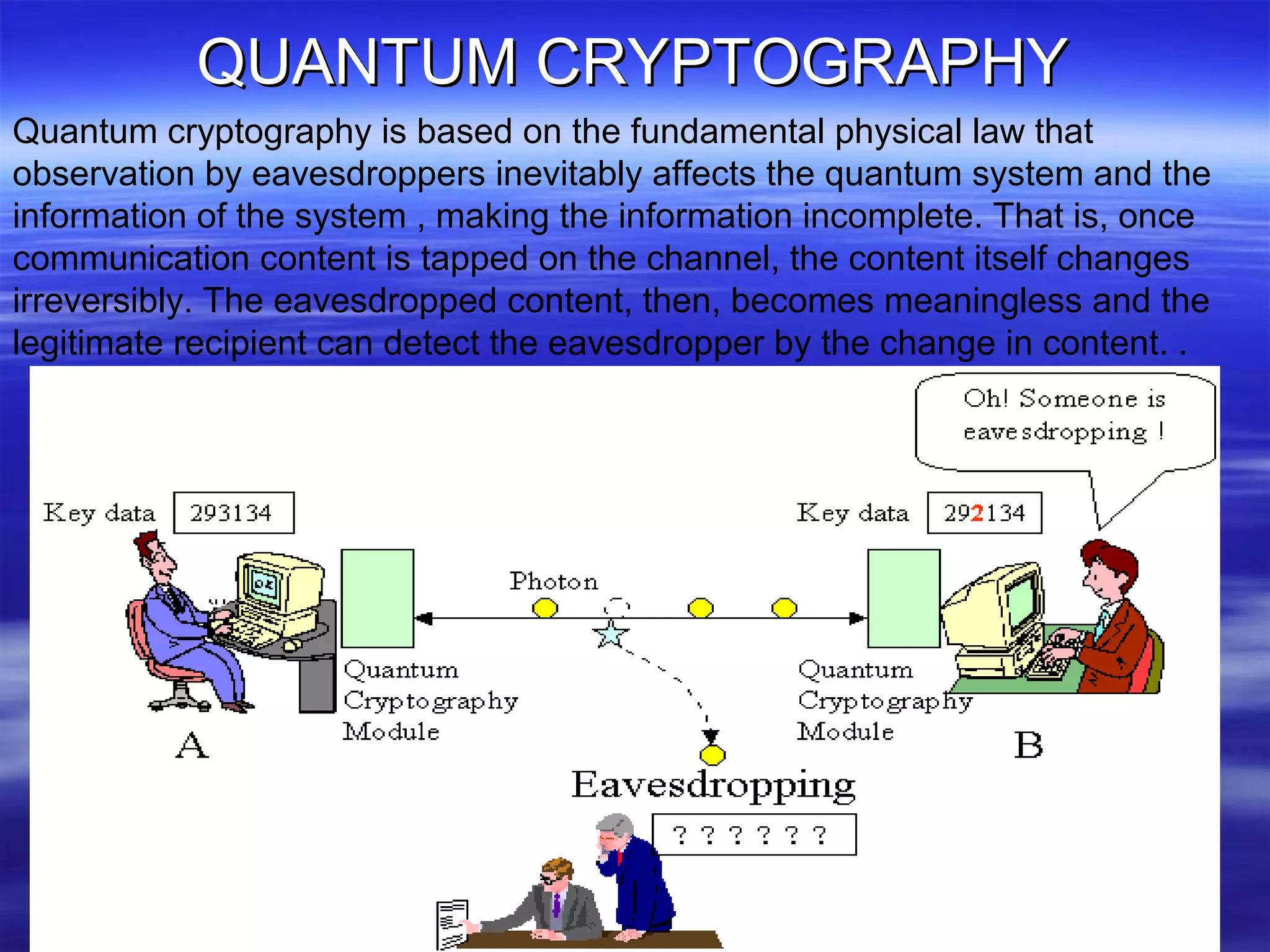 QUANTUM CRYPTOGRAPHY
Quantum cryptography is based on the fundamental physical law that
observation by eavesdroppers inevitably affects the quantum system and the
information of the system , making the information incomplete. That is, once
communication content is tapped on the channel, the content itself changes
irreversibly. The eavesdropped content, then, becomes meaningless and the
legitimate recipient can detect the eavesdropper by the change in content. .

14

 