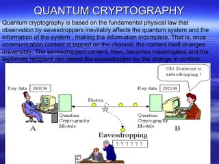QUANTUM CRYPTOGRAPHY
Quantum cryptography is based on the fundamental physical law that
observation by eavesdroppers inevitably affects the quantum system and the
information of the system , making the information incomplete. That is, once
communication content is tapped on the channel, the content itself changes
irreversibly. The eavesdropped content, then, becomes meaningless and the
legitimate recipient can detect the eavesdropper by the change in content. .

14

 