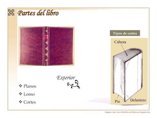 Exterior Planos Lomo Cortes Tipos de cortes Imágenes:  http://www.bibliofilia.com/Html/curso/laspartes.htm Partes del libro 