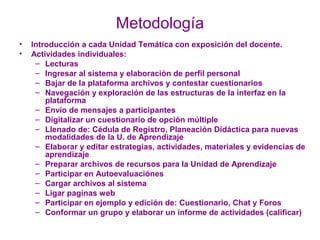 Metodología
• Introducción a cada Unidad Temática con exposición del docente.
• Actividades individuales:
– Lecturas
– Ing...