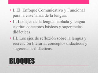 BLOQUES
• I. El Enfoque Comunicativo y Funcional
para la enseñanza de la lengua.
• II. Los ejes de la lengua hablada y lengua
escrita: conceptos básicos y sugerencias
didácticas.
• III. Los ejes de reflexión sobre la lengua y
recreación literaria: conceptos didácticos y
sugerencias didácticas.
 