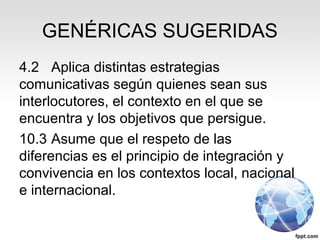 GENÉRICAS SUGERIDAS
4.2 Aplica distintas estrategias
comunicativas según quienes sean sus
interlocutores, el contexto en el que se
encuentra y los objetivos que persigue.
10.3 Asume que el respeto de las
diferencias es el principio de integración y
convivencia en los contextos local, nacional
e internacional.
 