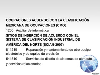 OCUPACIONES ACUERDO CON LA CLASIFICACIÓN
MEXICANA DE OCUPACIONES (CMO)
1205 Auxiliar de informática
SITIOS DE INSERCIÓN DE ACUERDO CON EL
SISTEMA DE CLASIFICACIÓN INDUSTRIAL DE
AMÉRICA DEL NORTE (SCIAN-2007)
811219 Reparación y mantenimiento de otro equipo
electrónico y de equipo de precisión
541510 Servicios de diseño de sistemas de cómputo
y servicios relacionados
 