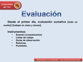 Universidad
del Sur
Desde el primer día, evaluación sumativa (todo se
evalúa) (trabajo en clase y tareas).
Instrumentos:
• Examen (cuestionarios)
• Listas de cotejo.
• Guías de observación
• Rubricas.
• Portafolio.
Metodología de la Investigación 2 – Ing. Humberto Jiménez Olea
 