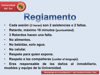 Universidad
del Sur
• Cada sesión (2 horas) son 2 asistencias o 2 faltas.
• Retardo, máximo 10 minutos (puntualidad).
• 3 Retardos hacen una falta.
• No alimentos.
• No bebidas, solo agua.
• No celular.
• Respeto para quien expone.
• Respeto a las compañeras (cuidar el lenguaje).
• Eres responsable de los daños al inmobiliario,
muebles y equipo de la Universidad.
Metodología de la Investigación 2 – Ing. Humberto Jiménez Olea
 