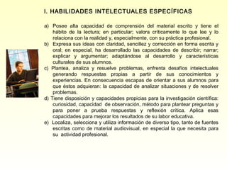 l. HABILIDADES INTELECTUALES ESPECÍFICAS

a) Posee alta capacidad de comprensión del material escrito y tiene el
    hábito de la lectura; en particular; valora críticamente lo que lee y lo
    relaciona con la realidad y, especialmente, con su práctica profesional.
b) Expresa sus ideas con claridad, sencillez y corrección en forma escrita y
    oral; en especial, ha desarrollado las capacidades de describir; narrar;
    explicar y argumentar; adaptándose al desarrollo y características
    culturales de sus alumnos.
c) Plantea, analiza y resuelve problemas, enfrenta desafíos intelectuales
    generando respuestas propias a partir de sus conocimientos y
    experiencias. En consecuencia escapas de orientar a sus alumnos para
    que éstos adquieran: la capacidad de analizar situaciones y de resolver
    problemas.
d) Tiene disposición y capacidades propicias para la investigación científica:
    curiosidad, capacidad de observación, método para plantear preguntas y
    para poner a prueba respuestas y reflexión crítica. Aplica esas
    capacidades para mejorar los resultados de su labor educativa.
e) Localiza, selecciona y utiliza información de diverso tipo, tanto de fuentes
    escritas como de material audiovisual, en especial la que necesita para
    su actividad profesional.
 