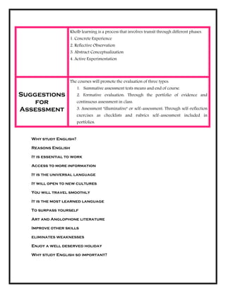 Kholb learning is a process that involves transit through different phases.
1. Concrete Experience
2. Reflective Observation
3. Abstract Conceptualization
4. Active Experimentation
Suggestions
for
Assessment
The courses will promote the evaluation of three types:
1. Summative assessment tests means and end of course.
2. Formative evaluation: Through the portfolio of evidence and
continuous assessment in class.
3. Assessment "illuminative" or self-assessment: Through self-reflection
exercises as checklists and rubrics self-assessment included in
portfolios.
Why study English?
Reasons English
It is essential to work
Access to more information
It is the universal language
It will open to new cultures
You will travel smoothly
It is the most learned language
To surpass yourself
Art and Anglophone literature
Improve other skills
eliminates weaknesses
Enjoy a well deserved holiday
Why study English so important?
 