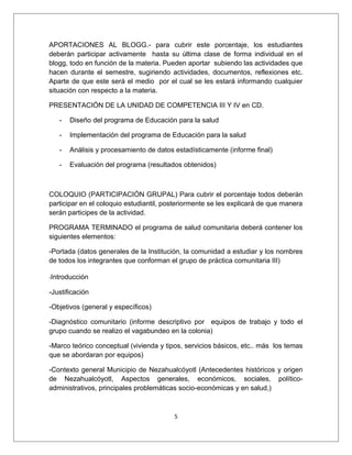 APORTACIONES AL BLOGG.- para cubrir este porcentaje, los estudiantes
deberán participar activamente hasta su última clase de forma individual en el
blogg, todo en función de la materia. Pueden aportar subiendo las actividades que
hacen durante el semestre, sugiriendo actividades, documentos, reflexiones etc.
Aparte de que este será el medio por el cual se les estará informando cualquier
situación con respecto a la materia.

PRESENTACIÓN DE LA UNIDAD DE COMPETENCIA III Y IV en CD.

   -   Diseño del programa de Educación para la salud

   -   Implementación del programa de Educación para la salud

   -   Análisis y procesamiento de datos estadísticamente (informe final)

   -   Evaluación del programa (resultados obtenidos)



COLOQUIO (PARTICIPACIÓN GRUPAL) Para cubrir el porcentaje todos deberán
participar en el coloquio estudiantil, posteriormente se les explicará de que manera
serán participes de la actividad.

PROGRAMA TERMINADO el programa de salud comunitaria deberá contener los
siguientes elementos:

-Portada (datos generales de la Institución, la comunidad a estudiar y los nombres
de todos los integrantes que conforman el grupo de práctica comunitaria III)

-Introducción

-Justificación

-Objetivos (general y específicos)

-Diagnóstico comunitario (informe descriptivo por equipos de trabajo y todo el
grupo cuando se realizo el vagabundeo en la colonia)

-Marco teórico conceptual (vivienda y tipos, servicios básicos, etc.. más los temas
que se abordaran por equipos)

-Contexto general Municipio de Nezahualcóyotl (Antecedentes históricos y origen
de Nezahualcóyotl, Aspectos generales, económicos, sociales, político-
administrativos, principales problemáticas socio-económicas y en salud,)



                                         5
 