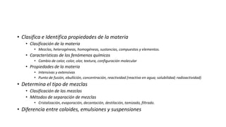 • Clasifica e Identifica propiedades de la materia
   • Clasificación de la materia
       • Mezclas, heterogéneas, homogéneas, sustancias, compuestos y elementos.
   • Características de los fenómenos químicos
       • Cambio de calor, color, olor, textura, configuración molecular
   • Propiedades de la materia
       • Intensivas y extensivas
       • Punto de fusión, ebullición, concentración, reactividad (reactivo en agua; solubilidad; radioactividad)
• Determina el tipo de mezclas
   • Clasificación de las mezclas
   • Métodos de separación de mezclas
       • Cristalización, evaporación, decantación, destilación, tamizado, filtrado.
• Diferencia entre coloides, emulsiones y suspensiones
 