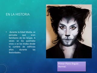 EN LA HISTORIA
• durante la Edad Media, se
pensaba que eran
familiares de las brujas. A
veces se los quemaba
vivos o se los tiraba desde
la cumbre de edificios
altos durante las
festividades.
Primer Plano Ángulo
Normal.
 