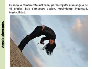 Ángulo aberrante.

Cuando la cámara está inclinada, por lo regular a un ángulo de
45 grados. Esto demuestra acción, movimiento, inquietud,
inestabilidad.

 