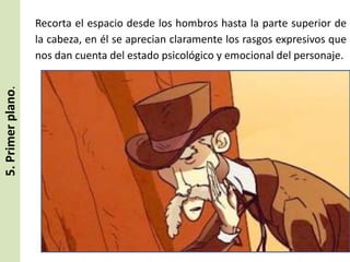 5. Primer plano.

Recorta el espacio desde los hombros hasta la parte superior de
la cabeza, en él se aprecian claramente los rasgos expresivos que
nos dan cuenta del estado psicológico y emocional del personaje.

 