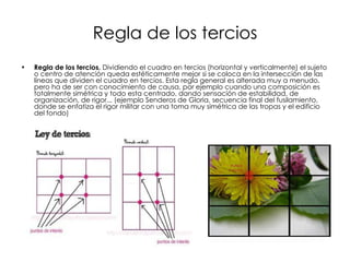Regla de los tercios Regla de los tercios.  Dividiendo el cuadro en tercios (horizontal y verticalmente) el sujeto o centro de atención queda estéticamente mejor si se coloca en la intersección de las líneas que dividen el cuadro en tercios. Esta regla general es alterada muy a menudo, pero ha de ser con conocimiento de causa, por ejemplo cuando una composición es totalmente simétrica y todo esta centrado, dando sensación de estabilidad, de organización, de rigor... (ejemplo Senderos de Gloria, secuencia final del fusilamiento, donde se enfatiza el rigor militar con una toma muy simétrica de las tropas y el edificio del fondo)  