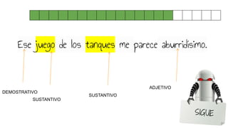Ese juego de los tanques me parece aburridísimo.
DEMOSTRATIVO
SUSTANTIVO
SUSTANTIVO
ADJETIVO
 