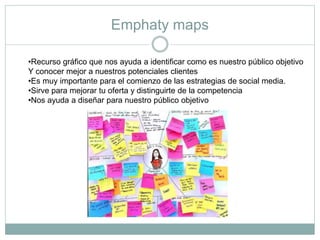 Emphaty maps
•Recurso gráfico que nos ayuda a identificar como es nuestro público objetivo
Y conocer mejor a nuestros potenciales clientes
•Es muy importante para el comienzo de las estrategias de social media.
•Sirve para mejorar tu oferta y distinguirte de la competencia
•Nos ayuda a diseñar para nuestro público objetivo
 