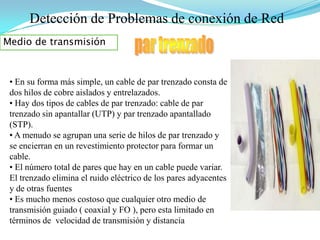 Detección de Problemas de conexión de RedMedio de transmisiónpar trenzado En su forma más simple, un cable de par trenzado consta de dos hilos de cobre aislados y entrelazados. 
