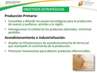 OBJETIVOS ESTRATÉGICOS
Producción Primaria:
• Consolidar y difundir las pautas tecnológicas para la producción
  de nueces y avellanas, acordes a la región.
• Homogeneizar la calidad de los productos obtenidos, minimizar
  perdidas.
Acondicionamiento e industrialización:
• Ampliar la infraestructura de acondicionamiento de forma tal
  que acompañe el crecimiento de la producción.
• Promover innovaciones para obtener productos diferenciados.
 