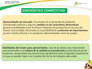 DIAGNÓSTICO COMPETITIVO


Oportunidades de mercado: El aumento de la demanda de productos
considerados exóticos y algunos cambios en las costumbres alimentarias
generan posibilidades para los Frutos Tropicales de producción en la zona del
Cluster. Una variable interesante es la posibilidad de sustitución de importaciones
ya sea en frutos frescos o en productos industrializados como las pulpas.




Debilidades del cluster para aprovecharlas: Una de las tareas mas importantes
para desarrollar es la mejora de la calidad en la producción y presentación de los
productos, donde existe una brecha muy significativa entre lo logrado actualmente
y lo que es posible lograr con la aplicación de las tecnologías adecuadas.
 