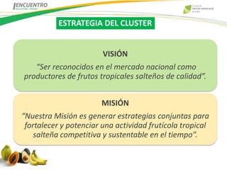 ESTRATEGIA DEL CLUSTER


                        VISIÓN
   “Ser reconocidos en el mercado nacional como
productores de frutos tropicales salteños de calidad”.


                       MISIÓN
“Nuestra Misión es generar estrategias conjuntas para
 fortalecer y potenciar una actividad frutícola tropical
    salteña competitiva y sustentable en el tiempo”.
 