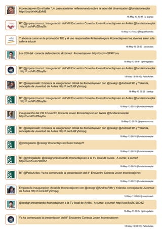 #conectajoven En el taller 'Un paso adelante' reflexionando sobre la labor del dinamizador @fundacionesplai
http://t.co/tYniKuEvMB
18-May-13 10:45 | v_pareja
RT @jmperezmunoz: Inauguración del VIII Encuentro Conecta Joven #conectajoven en Avilés @fundacionesplai
http://t.co/lrPoZBayGs
18-May-13 10:33 | MiguelRaimilla
Y ahora a currar en la promoción TIC y el uso responsable #internetsegura #conectajoven los jóvenes salen a la
calle a educar
18-May-13 09:53 | laruecaas
Los 200 del conecta defendiendo el hórreo! #conectajoven http://t.co/nvQP4fYcvu
18-May-13 09:41 | jmlregalado
RT @jmperezmunoz: Inauguración del VIII Encuentro Conecta Joven #conectajoven en Avilés @fundacionesplai
http://t.co/lrPoZBayGs
18-May-13 09:40 | PatioAviles
RT @cespinosah: Empieza la inauguracion oficial de #conectajoven con @ceskgr @AndreaFilth y Yolanda,
concejala de Juventud de Aviles http://t.co/ZJdFy5mqvg
18-May-13 09:25 | ceskgr
RT @jmperezmunoz: Inauguración del VIII Encuentro Conecta Joven #conectajoven en Avilés @fundacionesplai
http://t.co/lrPoZBayGs
18-May-13 09:19 | fundacionesplai
Inauguración del VIII Encuentro Conecta Joven #conectajoven en Avilés @fundacionesplai
http://t.co/lrPoZBayGs
18-May-13 09:18 | jmperezmunoz
RT @cespinosah: Empieza la inauguracion oficial de #conectajoven con @ceskgr @AndreaFilth y Yolanda,
concejala de Juventud de Aviles http://t.co/ZJdFy5mqvg
18-May-13 09:18 | fundacionesplai
@jmlregalado @ceskgr #conectajoven Buen trabajo!!!
18-May-13 09:16 | fundacionesplai
RT @jmlregalado: @ceskgr presentando #conectajoven a la TV local de Avilés. A currar, a currar!
http://t.co/5xUc728D1Z
18-May-13 09:16 | fundacionesplai
RT @PatioAviles: Ya ha comenzado la presentación del 8° Encuentro Conecta Joven #conectajoven
18-May-13 09:15 | fundacionesplai
Empieza la inauguracion oficial de #conectajoven con @ceskgr @AndreaFilth y Yolanda, concejala de Juventud
de Aviles http://t.co/ZJdFy5mqvg
18-May-13 09:04 | cespinosah
@ceskgr presentando #conectajoven a la TV local de Avilés. A currar, a currar! http://t.co/5xUc728D1Z
18-May-13 09:04 | jmlregalado
Ya ha comenzado la presentación del 8° Encuentro Conecta Joven #conectajoven
18-May-13 08:31 | PatioAviles
 