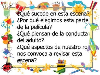 ¿Qué sucede en esta escena?
¿Por qué elegimos esta parte
de la película?
¿Qué piensan de la conducta
del adulto?
¿Qué aspectos de nuestro rol
nos convoca a revisar esta
escena?
 