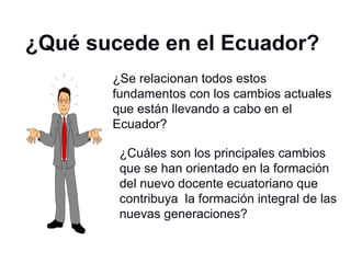 ¿Qué sucede en el Ecuador?
¿Se relacionan todos estos
fundamentos con los cambios actuales
que están llevando a cabo en el
Ecuador?
¿Cuáles son los principales cambios
que se han orientado en la formación
del nuevo docente ecuatoriano que
contribuya la formación integral de las
nuevas generaciones?
 
